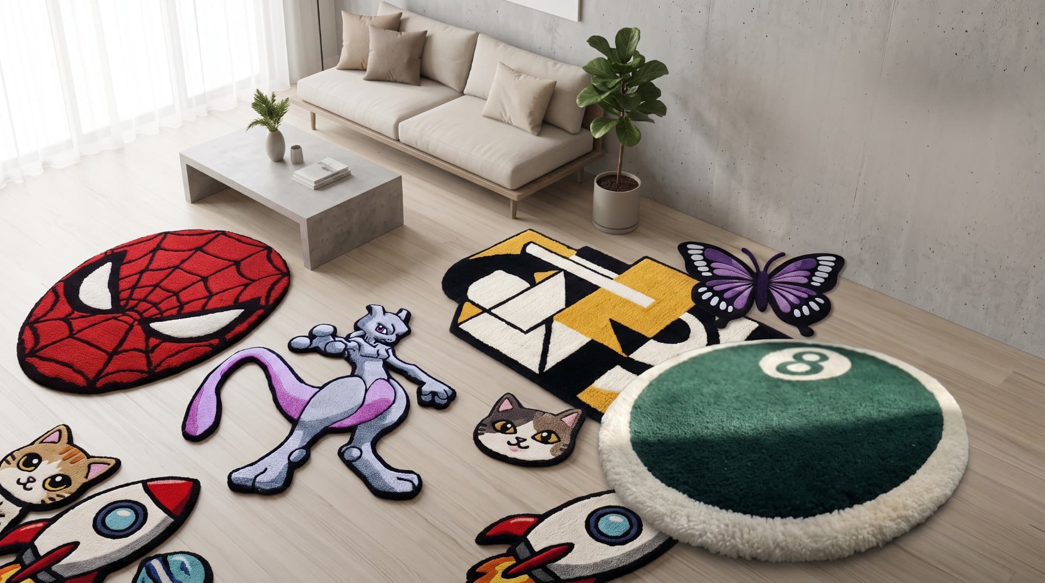 Custom tufted rugs displayed in a modern living room